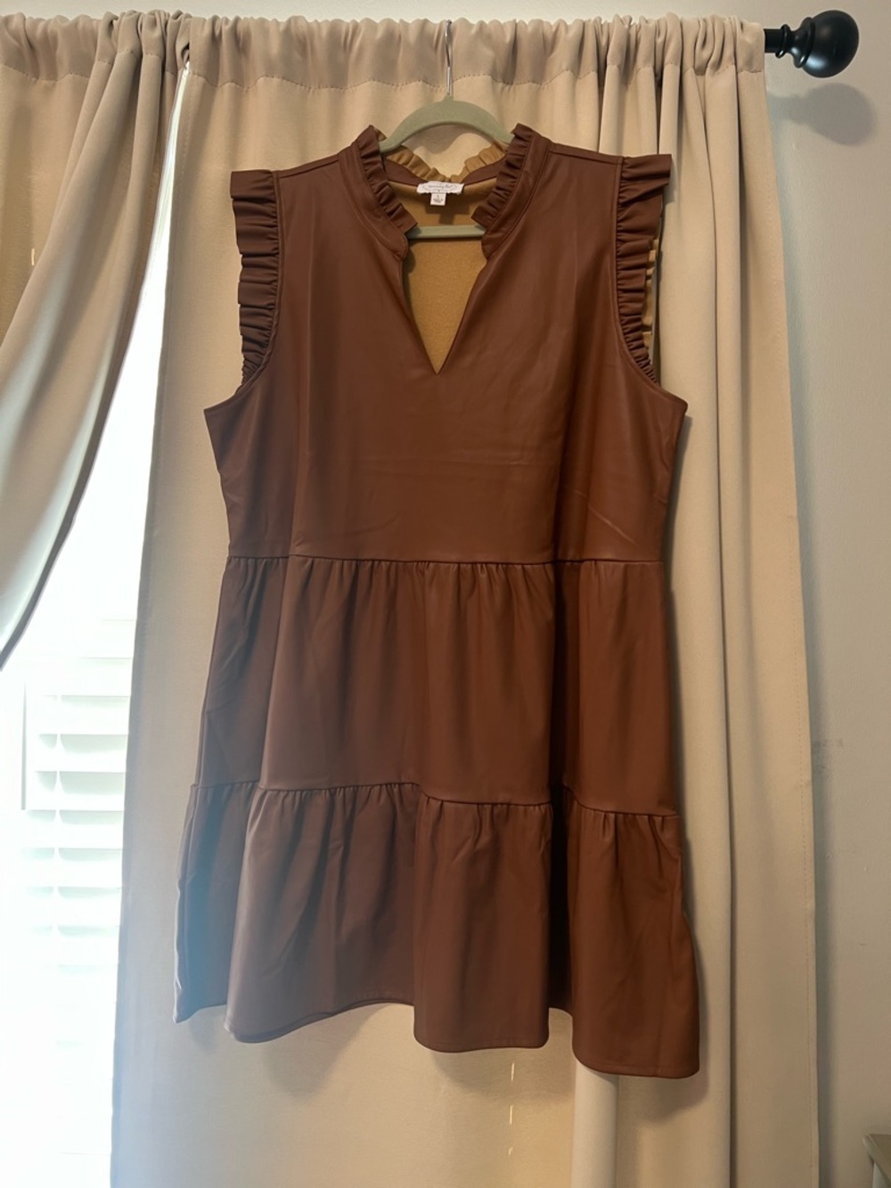 Mud Pie Brown Faux Leather Tiered Mini Dress with Ruffle Trim
